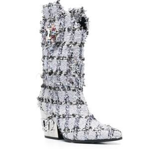 Philipp Plein Gothic Cowboy Boots Tweed Plaid Blue Silver Heel Jeweled 35 NEW